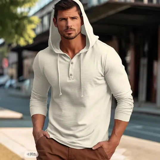 Men's cotton pullover hoodie in dark blue, shown in a European size, with long sleeves.