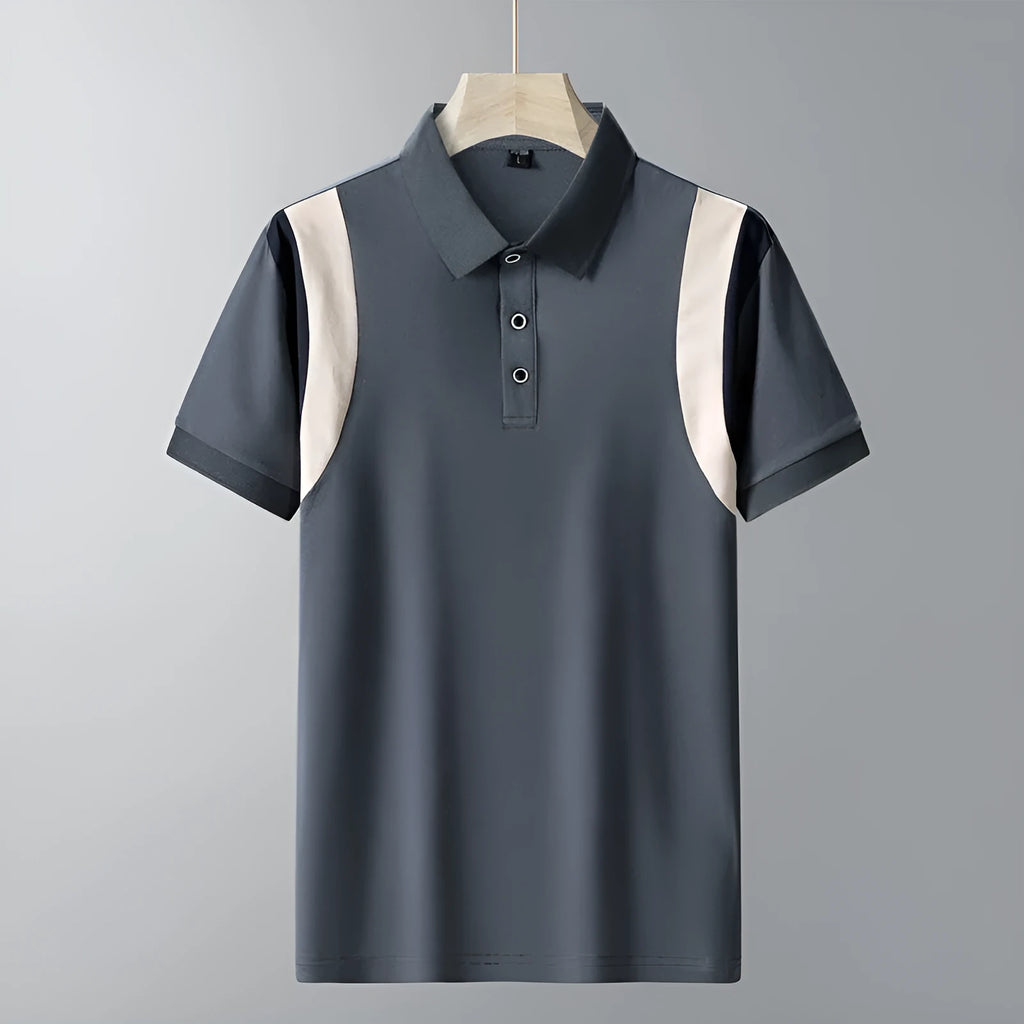 Men's grey cotton short-sleeved T-shirt with a business lapel neckline and loose fit.