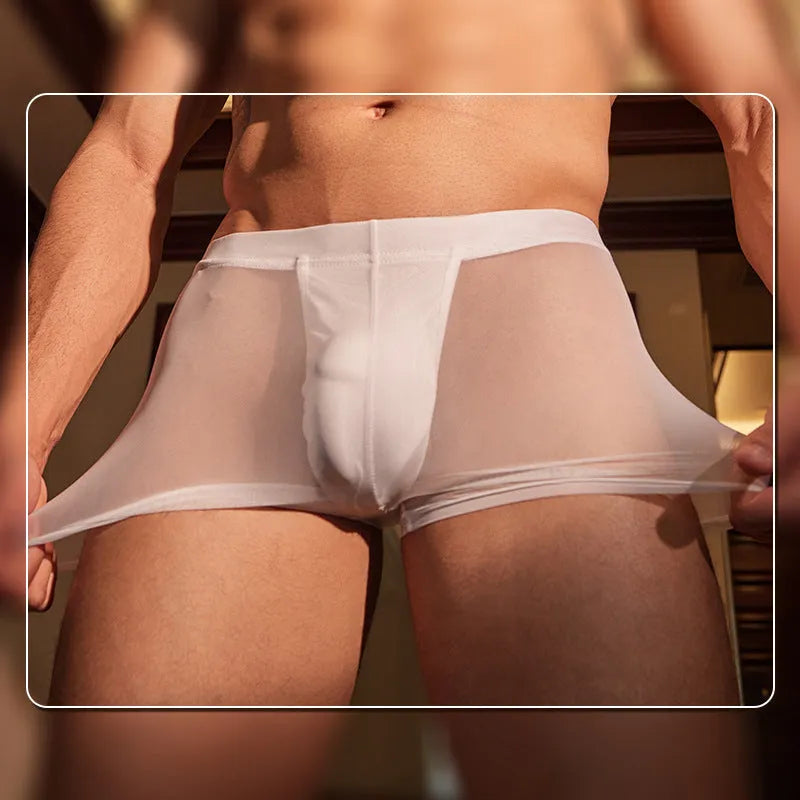 Men's black ultra-thin nylon boxer briefs laid flat, showing free size label.