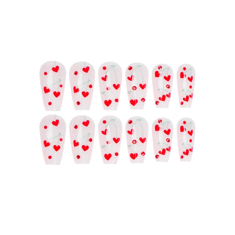 Red diamond and small cherry pattern French tip nail art stickers in a pack of 24 with adhesive glue.