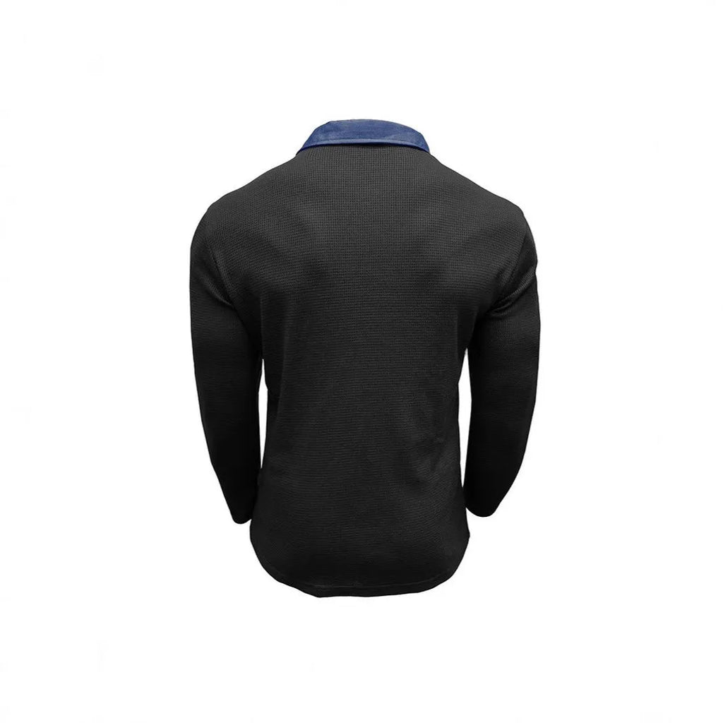 Men's long-sleeved waffle knit polo shirt in a solid colour with a loose, retro fit.