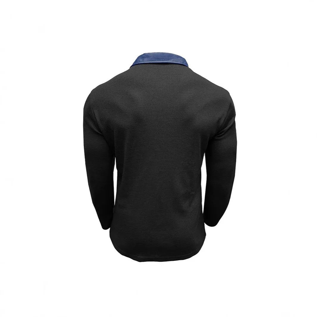 Men's long-sleeved waffle knit polo shirt in a solid colour with a loose, retro fit.