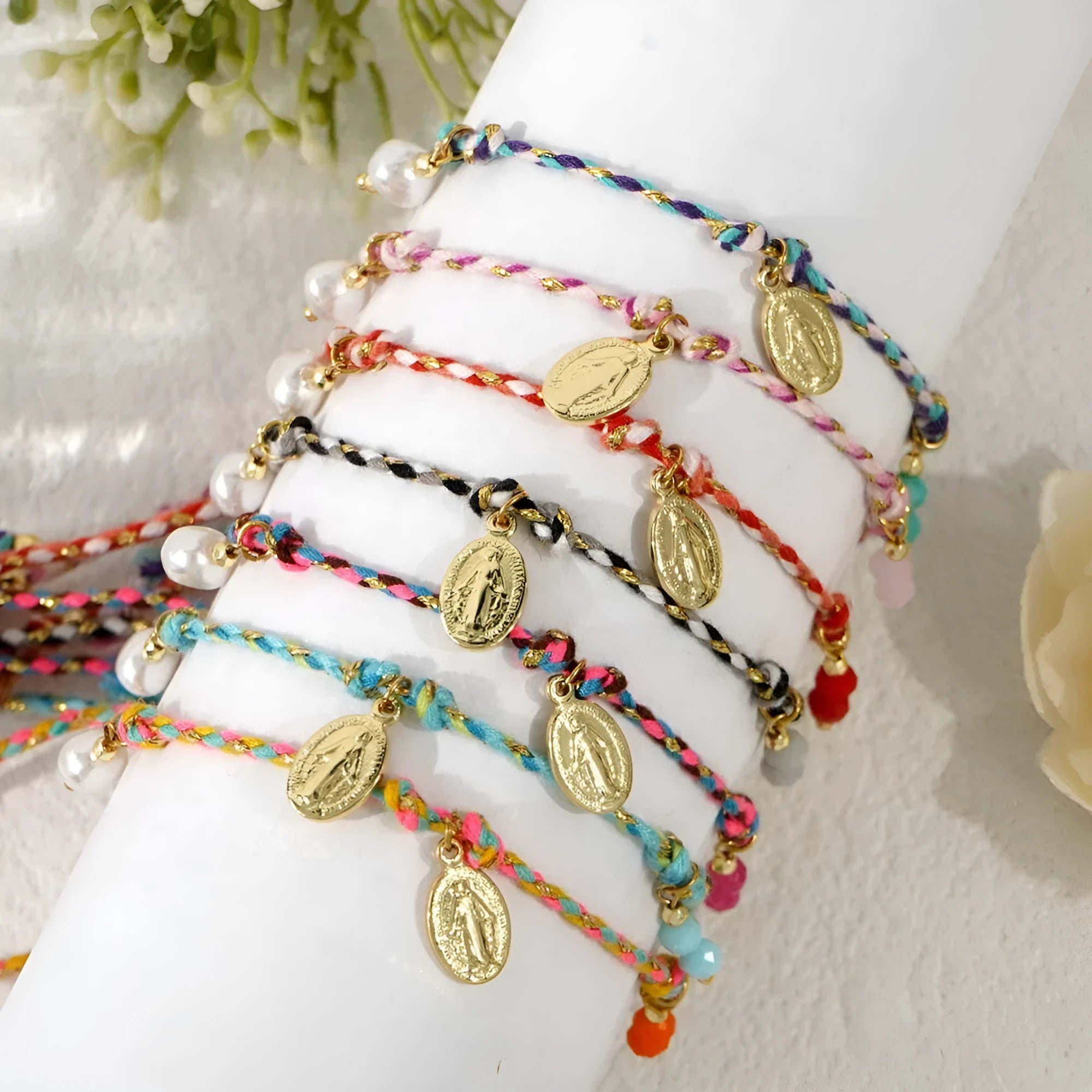 Hand-woven colourful braided rope bracelet with ethnic strap tag design for women