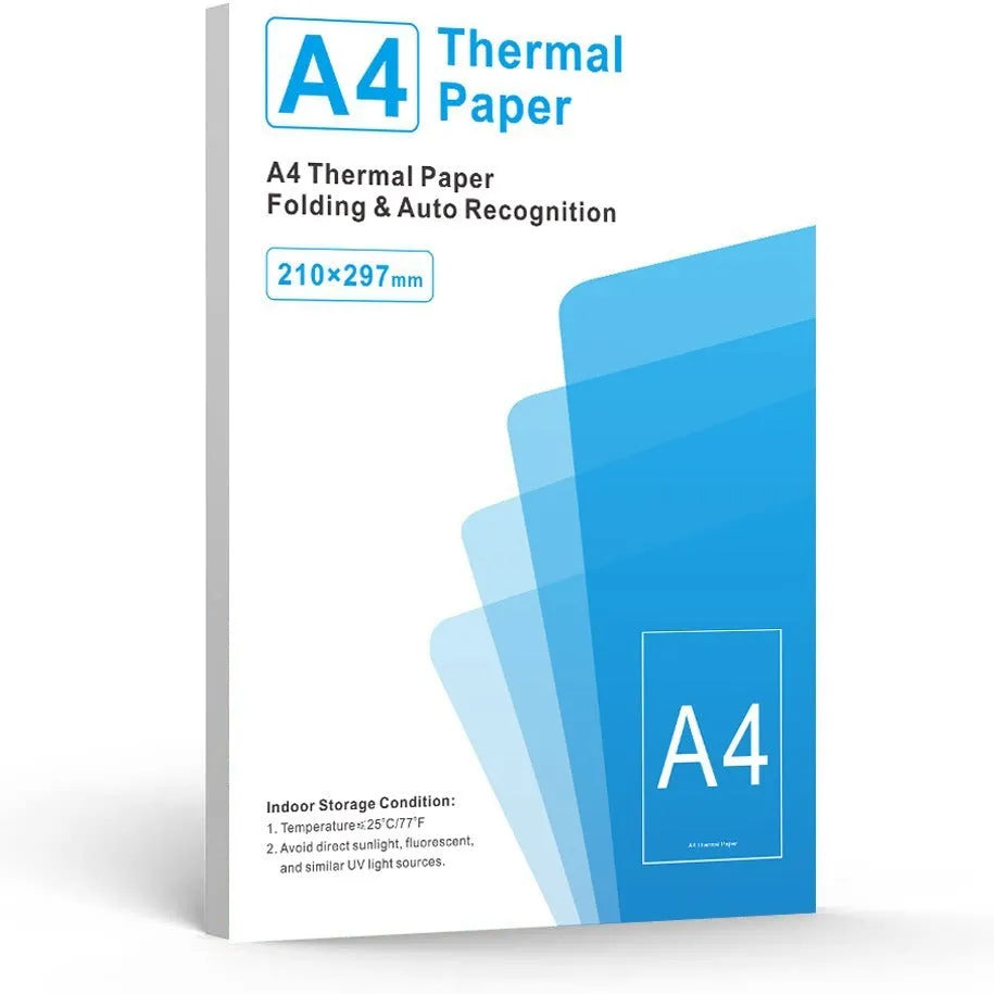 A4 thermal printer paper sheets in white with packaging options showing 100 or 200 sheet quantities