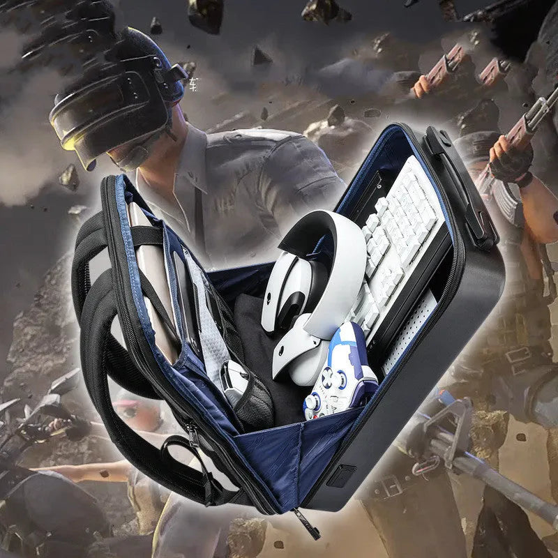 Large black or silver hard shell PC gaming backpack with lock, showing internal organisation pockets.