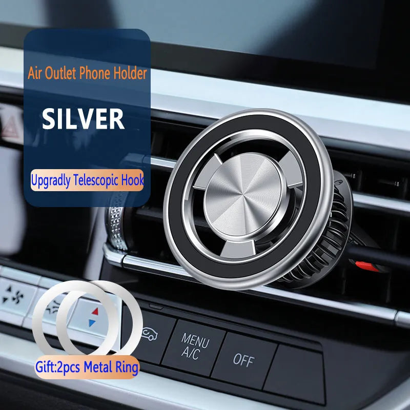 Silver and black alloy magnetic air outlet mobile phone holder with rivet magnet and snap on bracket