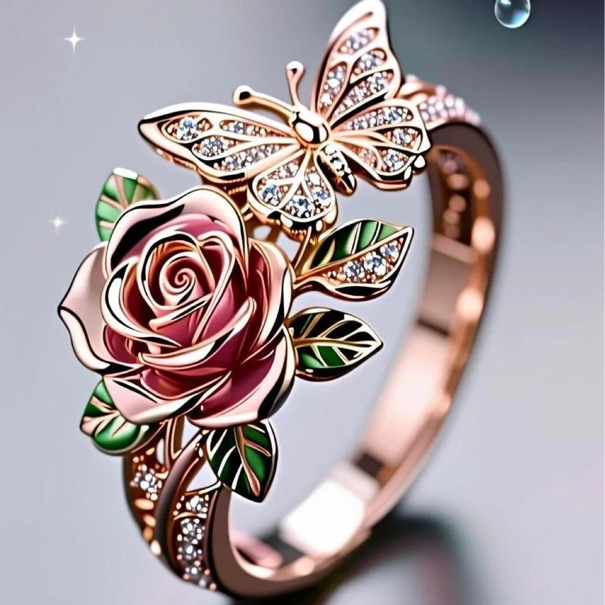 Adjustable alloy butterfly personality ring with dripping oil colour treatment showing fairy style flower and insect details
