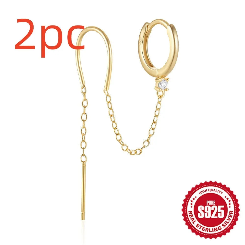 S925 sterling silver geometric ear studs with flower and tassel chain design in gold electroplated finish