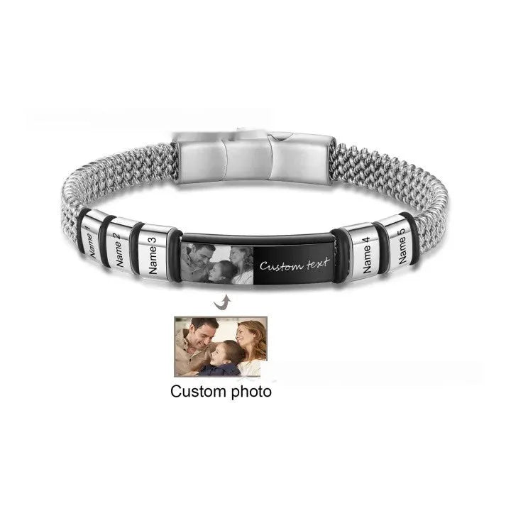 Men's stainless steel and leather bracelet with lettering beads and rope elements