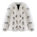 Women's black and white Korean-style raccoon fur coat in plus sizes with artificial faux fur fabric