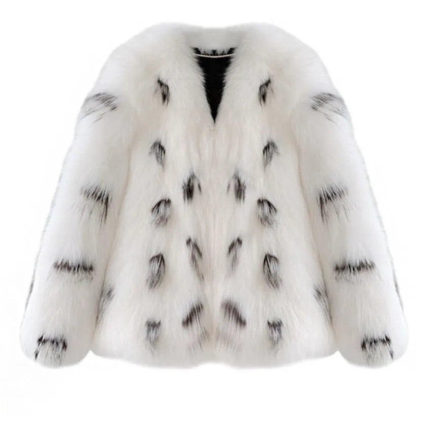 Women's black and white Korean-style raccoon fur coat in plus sizes with artificial faux fur fabric