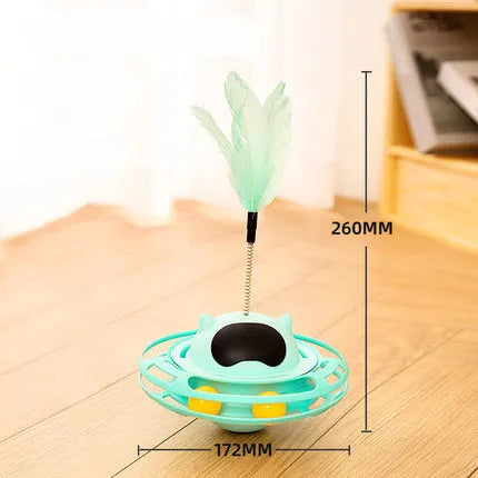 Pink cat tumbler turntable toy with moving stick measuring 17x10cm for interactive feline play