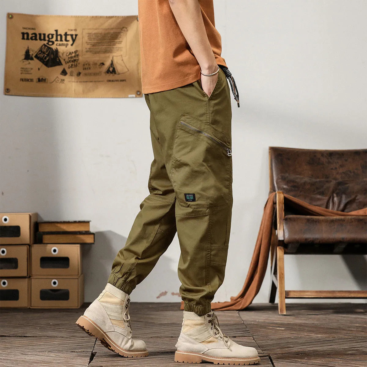Men's cotton tapered harem pants with ankle band design in khaki colour