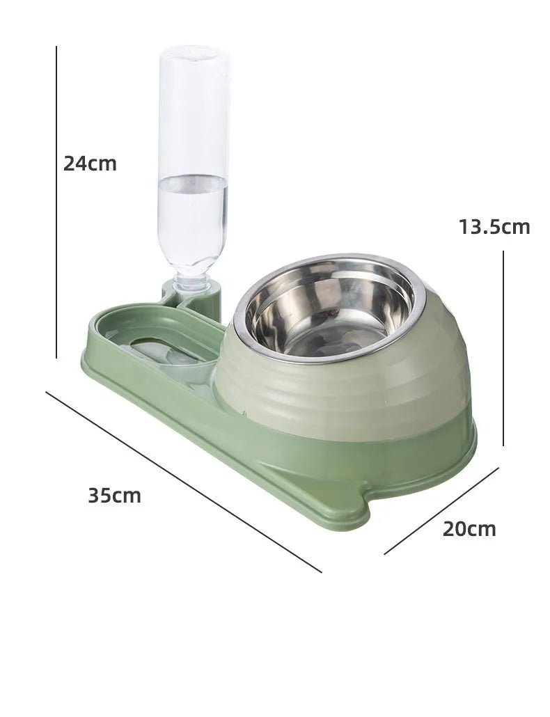 Elevated brown plastic cat food bowl with attached water bottle dispenser