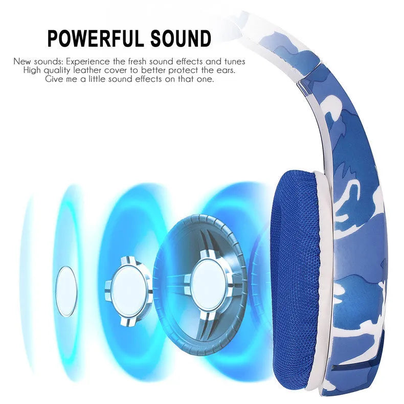 Eat Chicken wired gaming headset with cloth earmuffs and braided cable in camouflage blue.