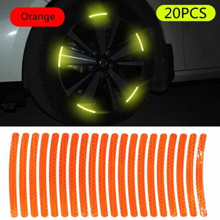 Pack of 20 arc-shaped reflective PVC stickers for car wheel hubs in various colour options