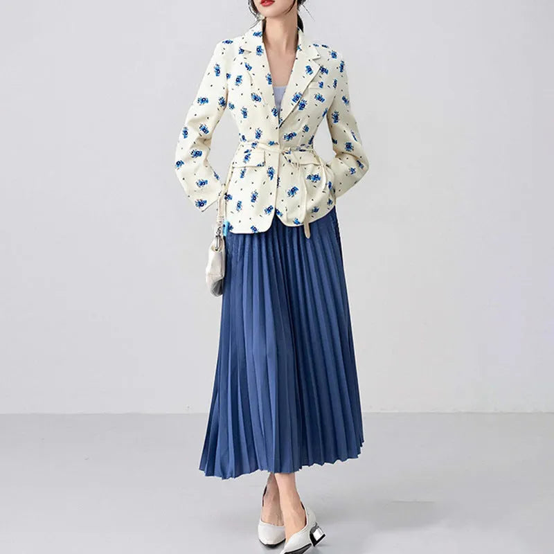Women's floral print suit jacket with lace-up waist detail on collar, shown in apricot colour