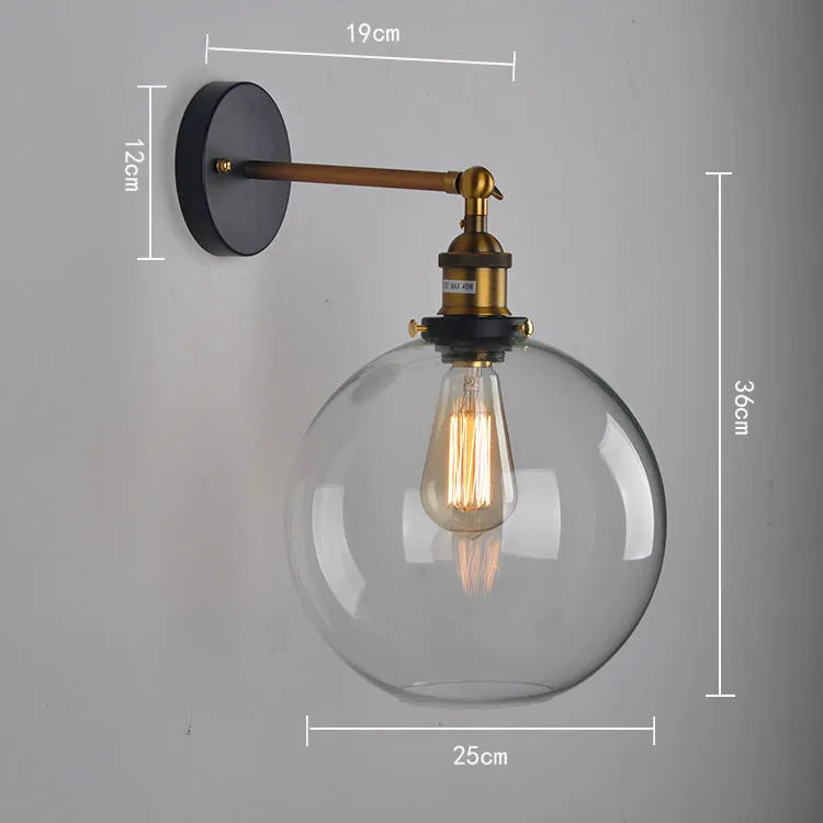 20cm retro round ball glass wall lamp with transparent amber smoke grey colour options