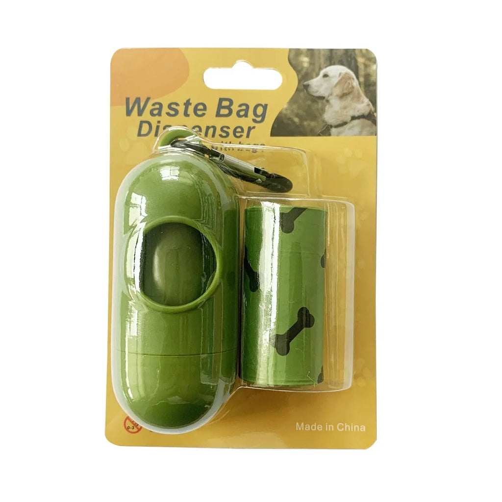 Roll of army green degradable dog waste bags with black bone print, 23cm by 33cm size.