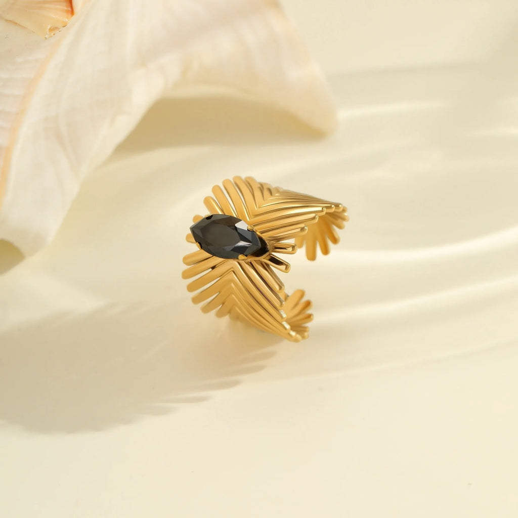 Women's adjustable geometric ring with zirconia stones on electroplated stainless steel band