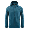 Lightweight men's hooded nylon summer jacket in loose fit on a hanger.