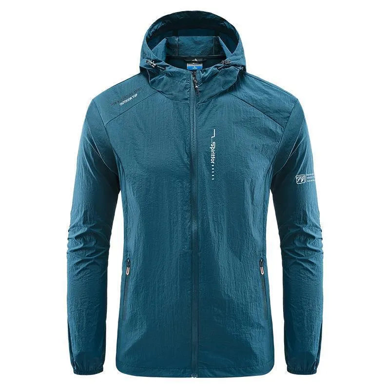 Lightweight men's hooded nylon summer jacket in loose fit on a hanger.