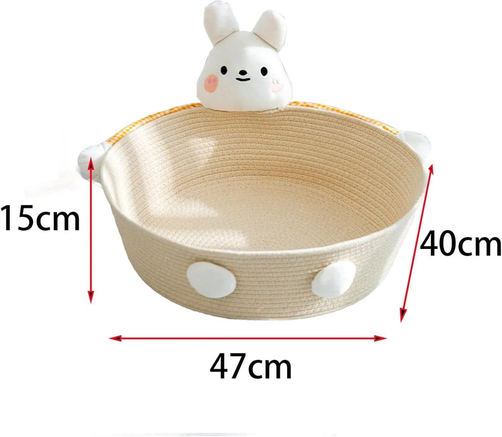 Woven cotton rope cat bed and scratcher basket in bear or rabbit design, shown in small, medium, or large size.