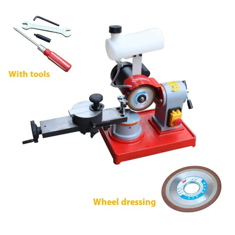 Manual sharpedge grinding machine for woodworking saw blades on a workshop bench.