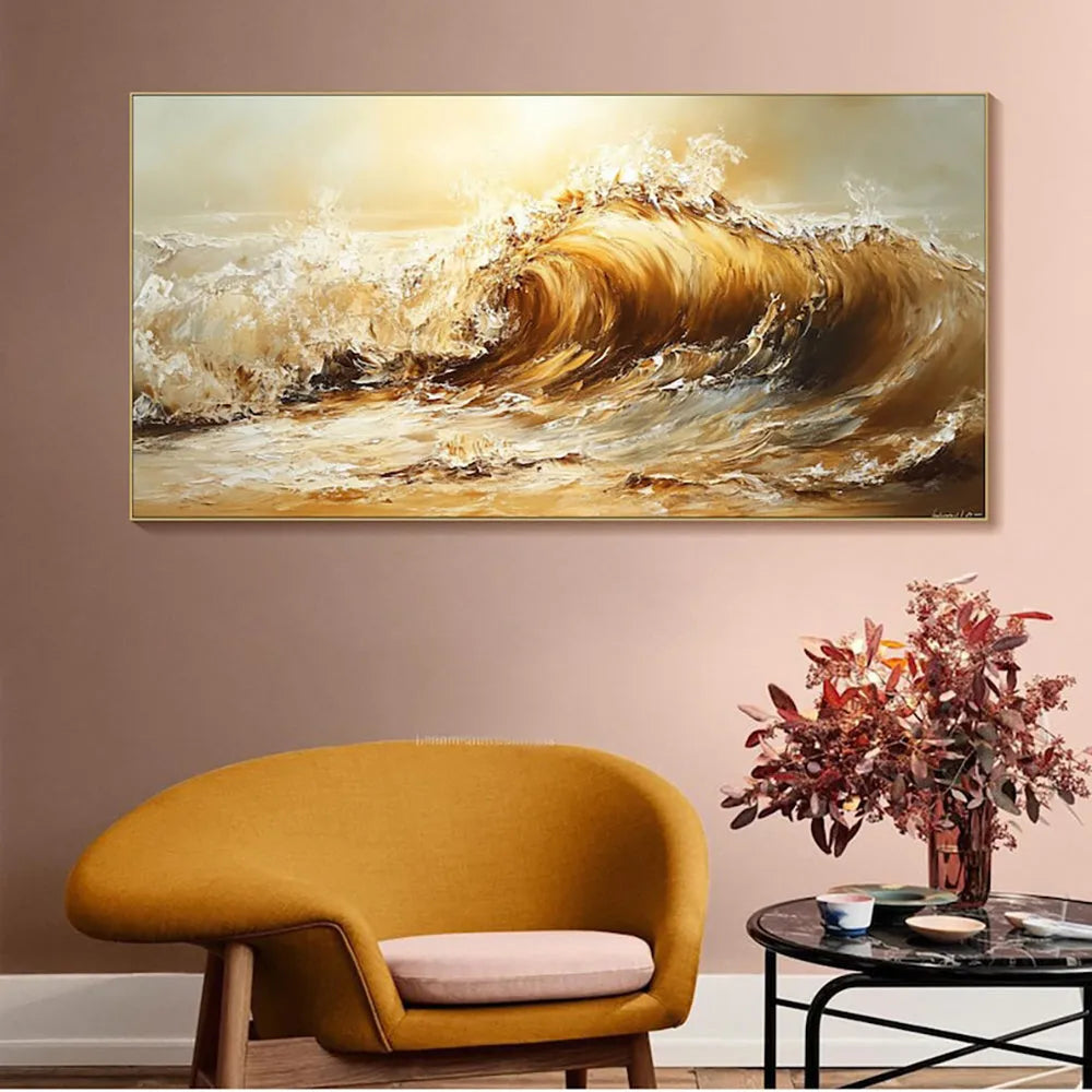 Handmade oil painting canvas abstract yellow waves landscape modern home decor framed