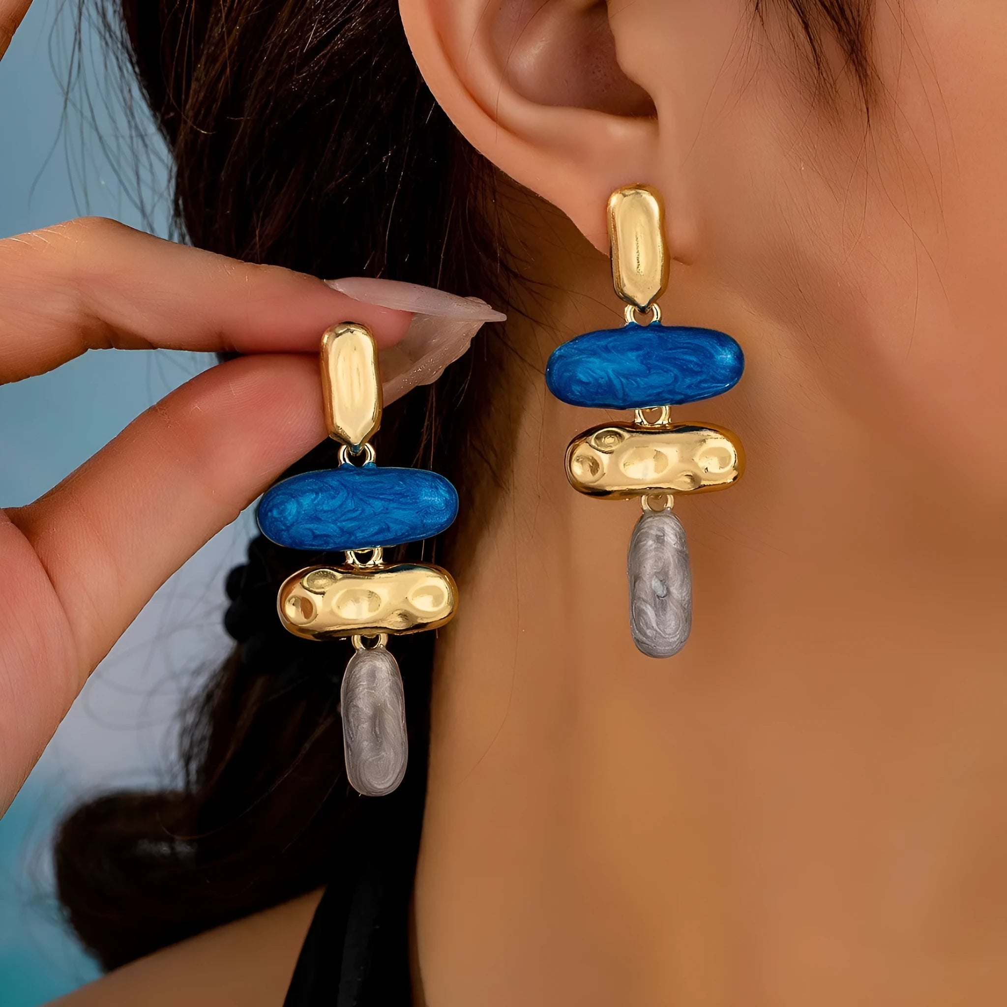 Geometric stud earrings for women with multicolour electroplated finish on zinc alloy