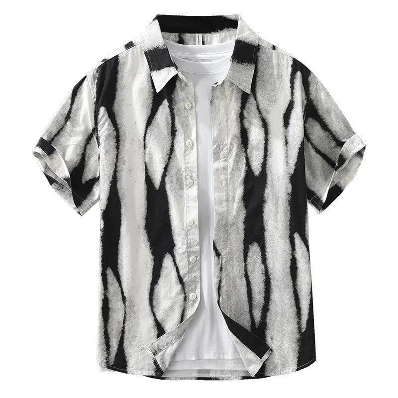 Retro striped pure cotton short sleeve shirt in loose cardigan style, shown in black and brown.