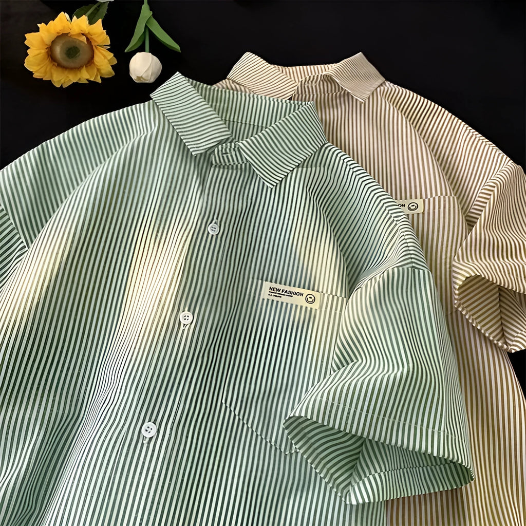 Blue striped plus size half sleeve shirt with loose casual fit