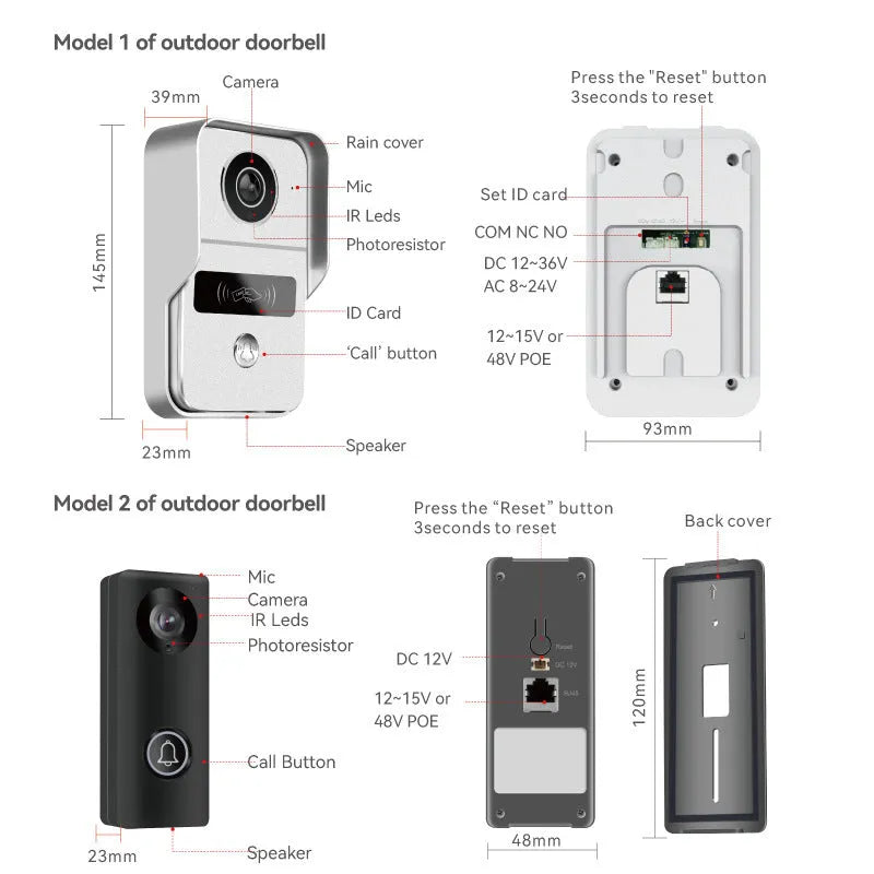 10-inch wireless video intercom doorbell system with colour HD camera and Ethernet connection