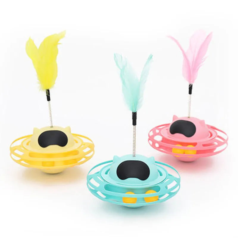 Pink cat tumbler turntable toy with moving stick measuring 17x10cm for interactive feline play