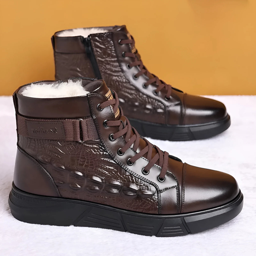 Black and brown genuine leather snow boots with fur integration, rubber soles, and front lace-up closure