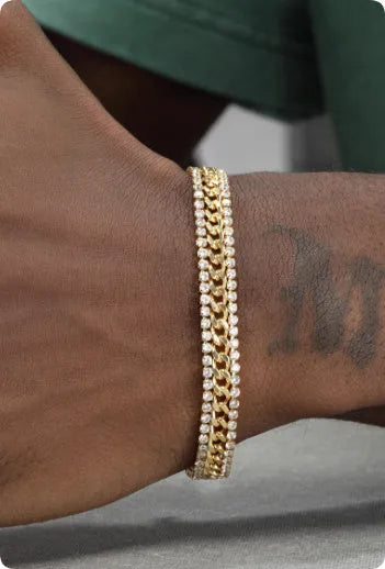 Gold tennis bracelet for men and women made of titanium steel with gemstone inlay on a wrist
