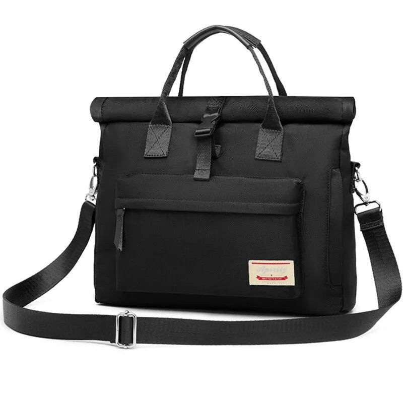 Shockproof inner liner laptop bag in waterproof nylon, shown in black, beige grey, or pink.