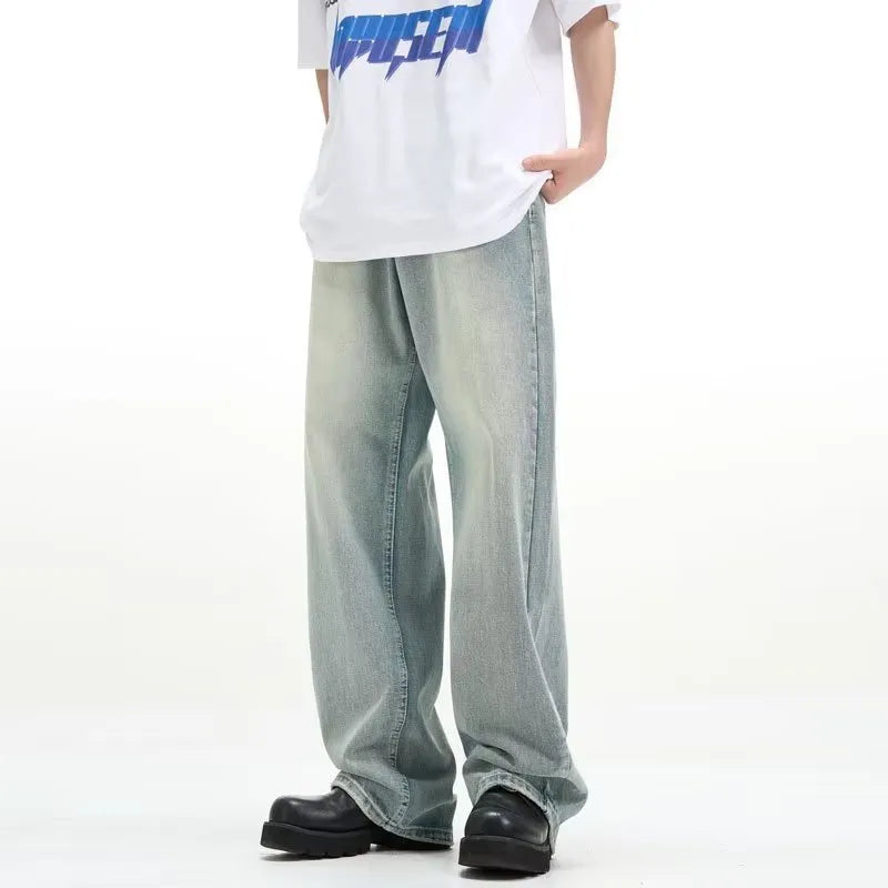 Blue retro trousers with loose fit and rabbit fur fabric composition on size chart
