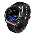 UM90 smart watch with black leather strap showing large screen displaying heart rate and time.