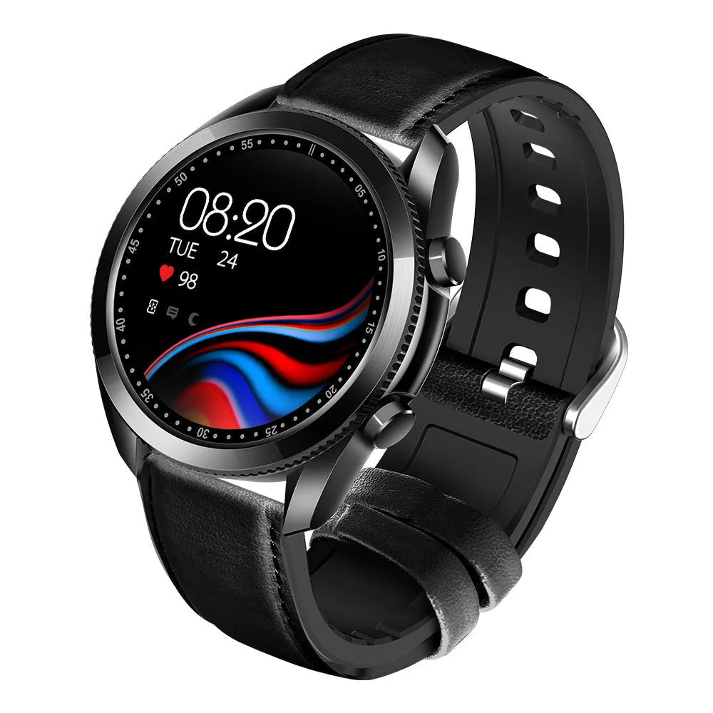 UM90 smart watch with black leather strap showing large screen displaying heart rate and time.