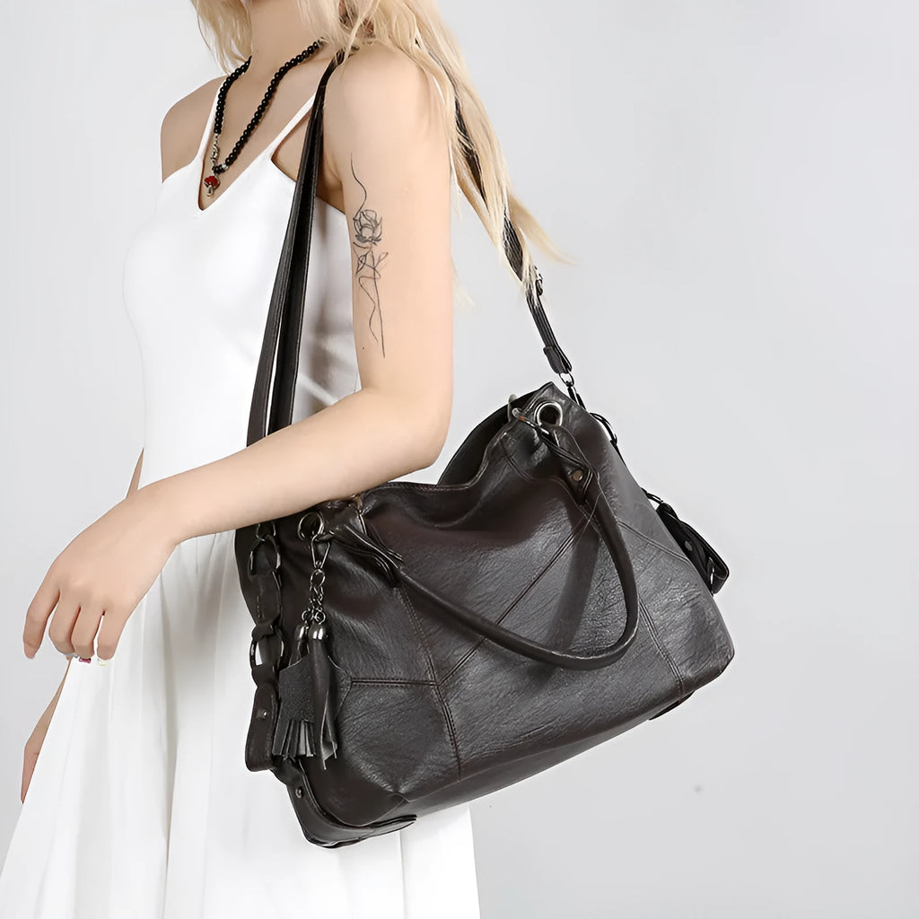 Retro large capacity soft PU stitching handbag in black, brown, coffee, wine red, with sandwich pocket and internal organisation