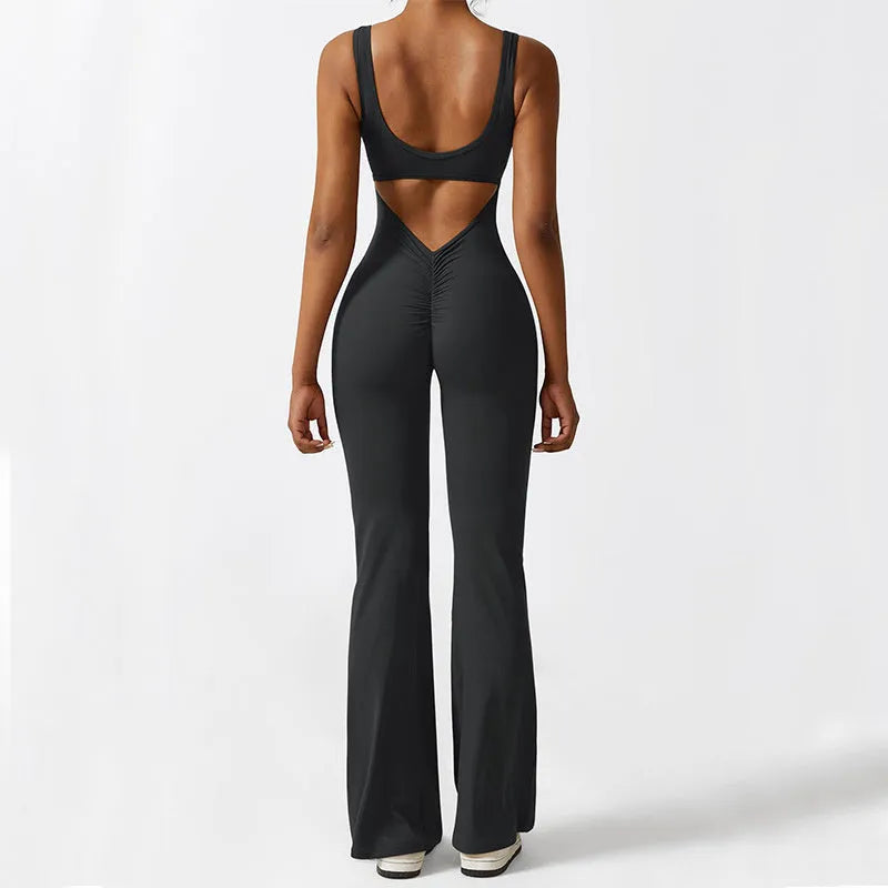 Women's sleeveless flare jumpsuit for fitness and yoga in multiple colours