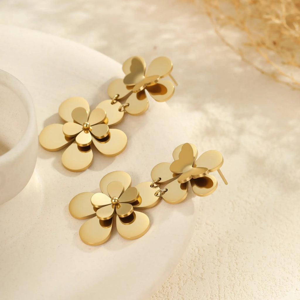 Gold flower butterfly stainless steel earrings with geometric zodiac designs for women