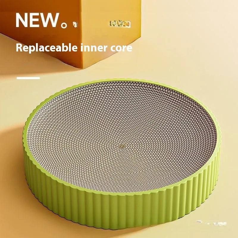 Round green cat scratching board with corrugated paper surface and two replacement packs