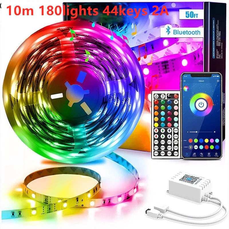 12V RGB LED strip light with Bluetooth remote control showing waterproof and non-waterproof options