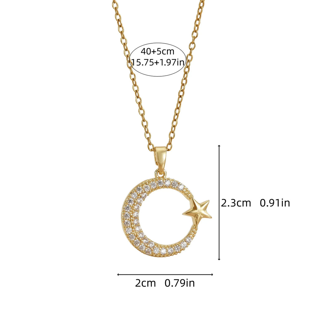 Gold electroplated geometric moon zircon pendant on titanium steel O-ring chain necklace