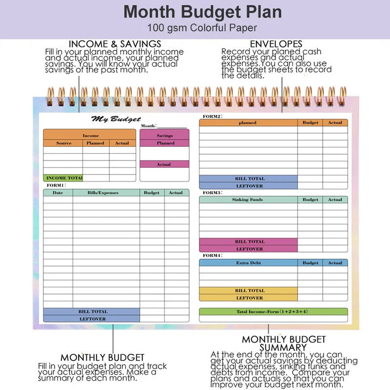 B5 budget tally notebook with blue PP cover and spiral binding for tracking income and expenses.