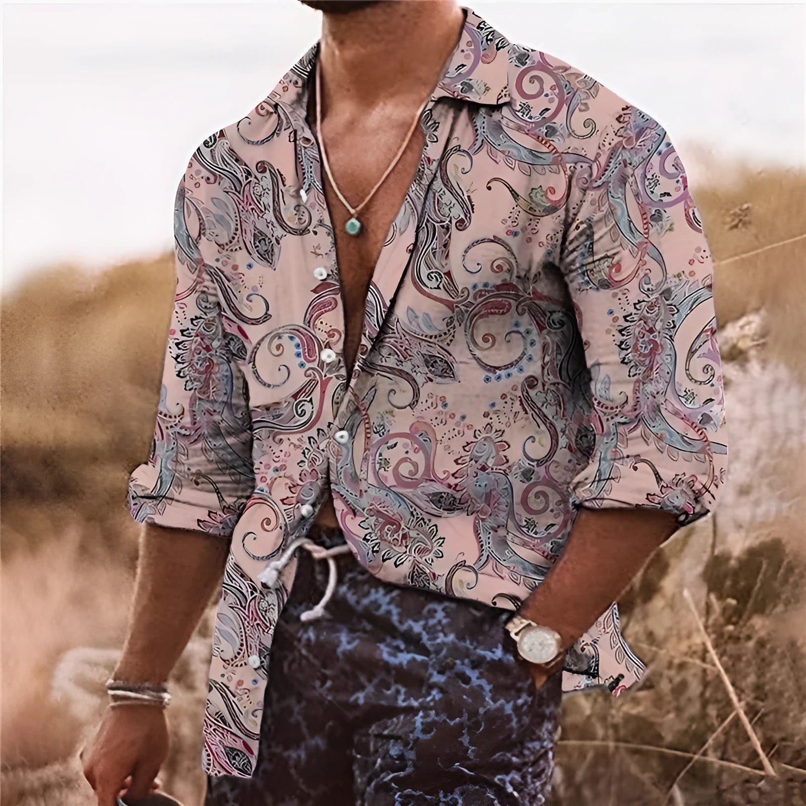 Men's loose fit long sleeve shirt with a 3D digital print flower pattern in a business casual style.