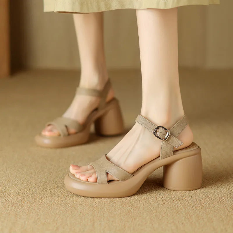 Women's open toe platform sandals in apricot with a round toe holder and rubber sole.