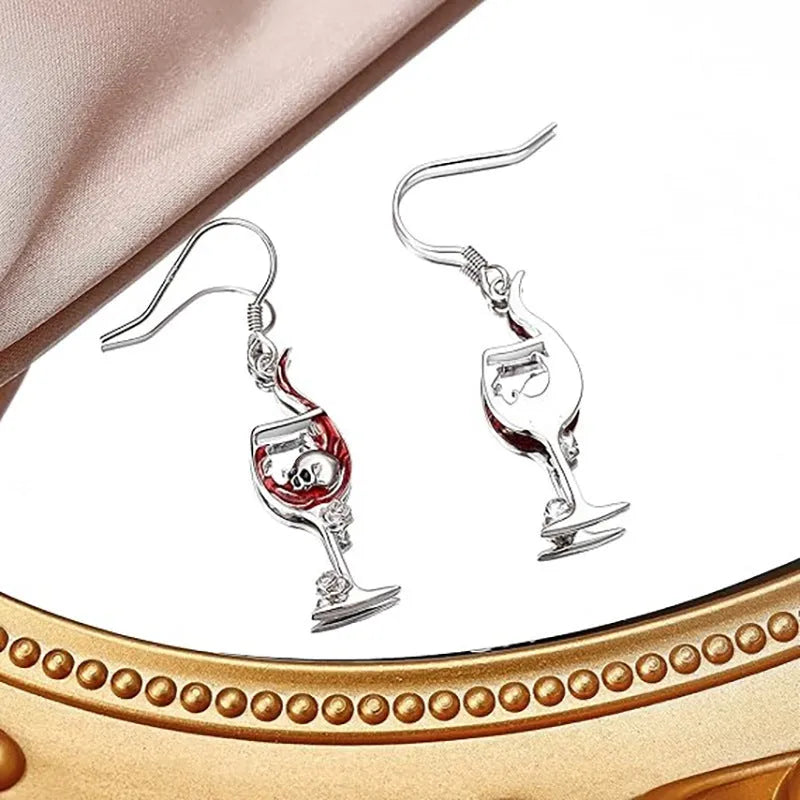 Halloween skull wine glass geometric stud earrings in silver-tone electroplated zinc alloy